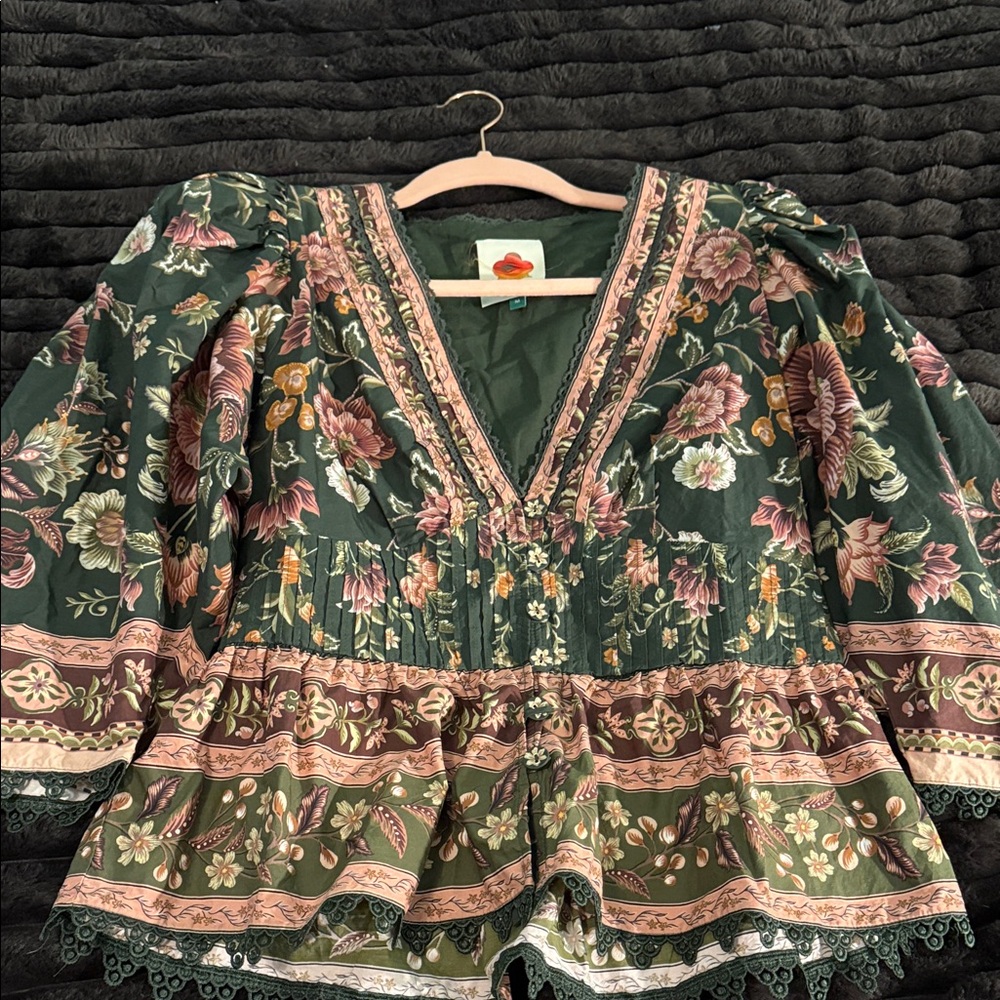 FARM Rio Green and Brown Floral Blouse